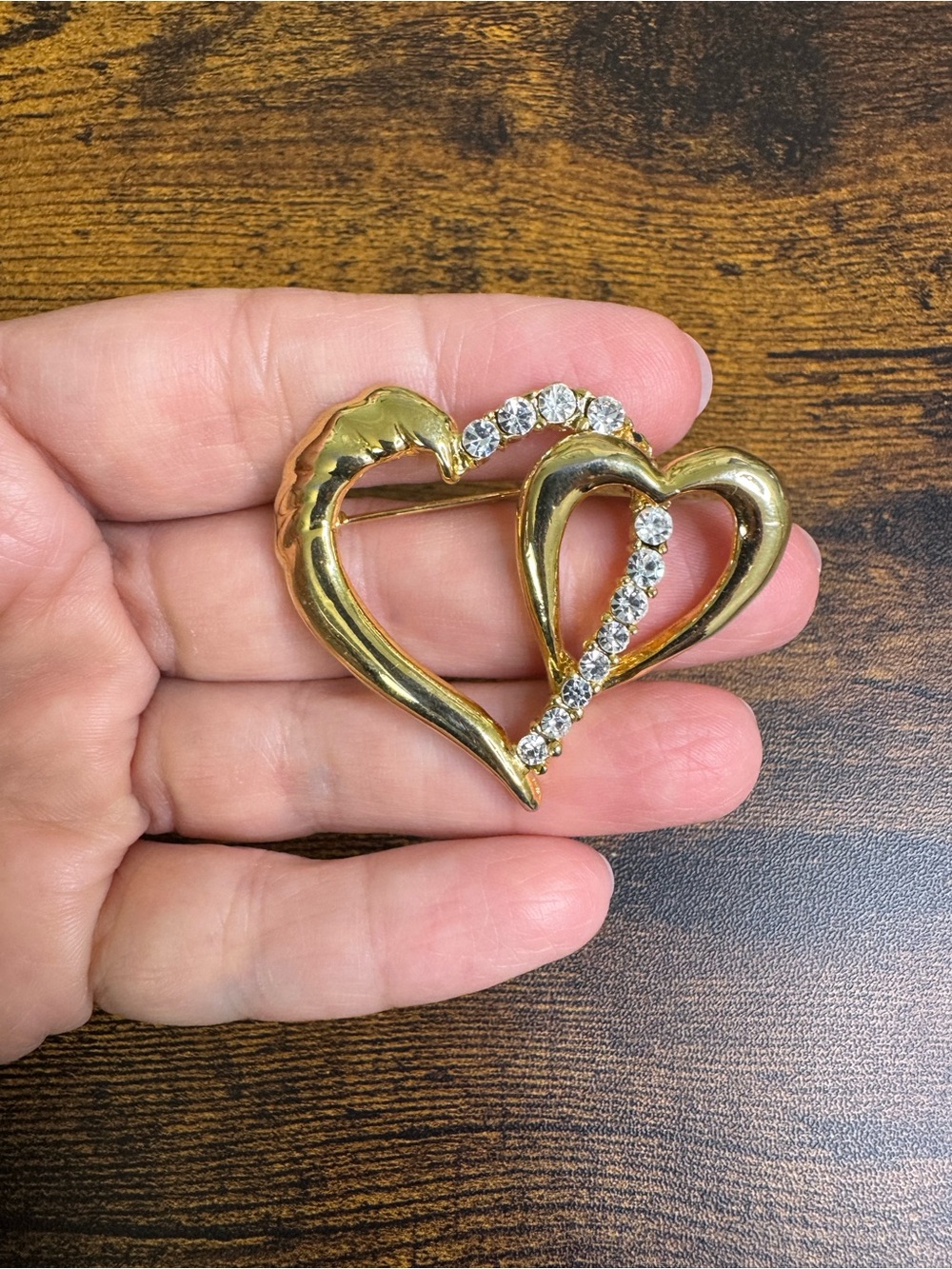 Vintage Gold-tone Double Heart Brooch with Clear Rhinestones